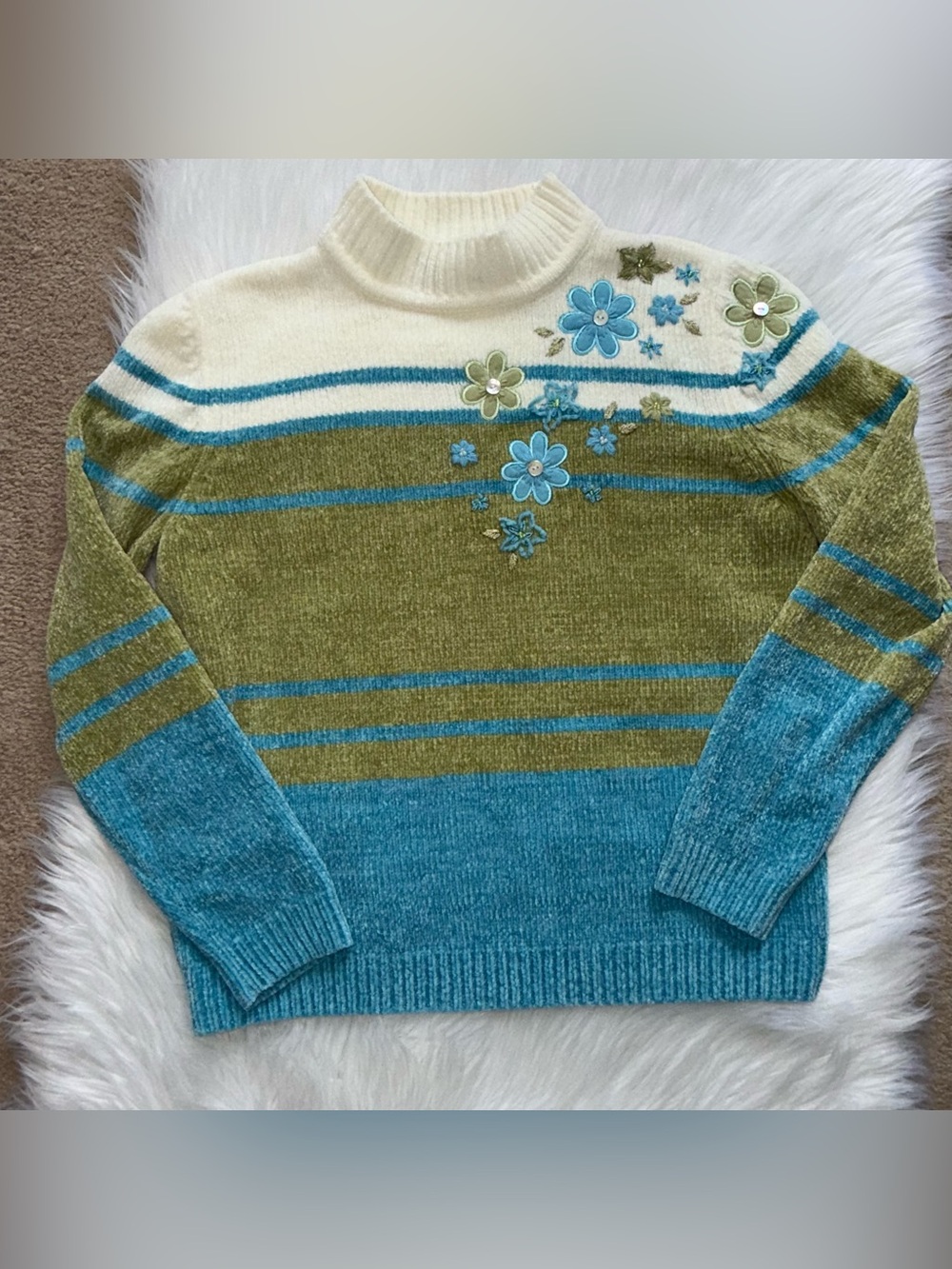 Alfred Dunner Y2K Chenille Floral Print Mock Neck Sweater Petite Medium